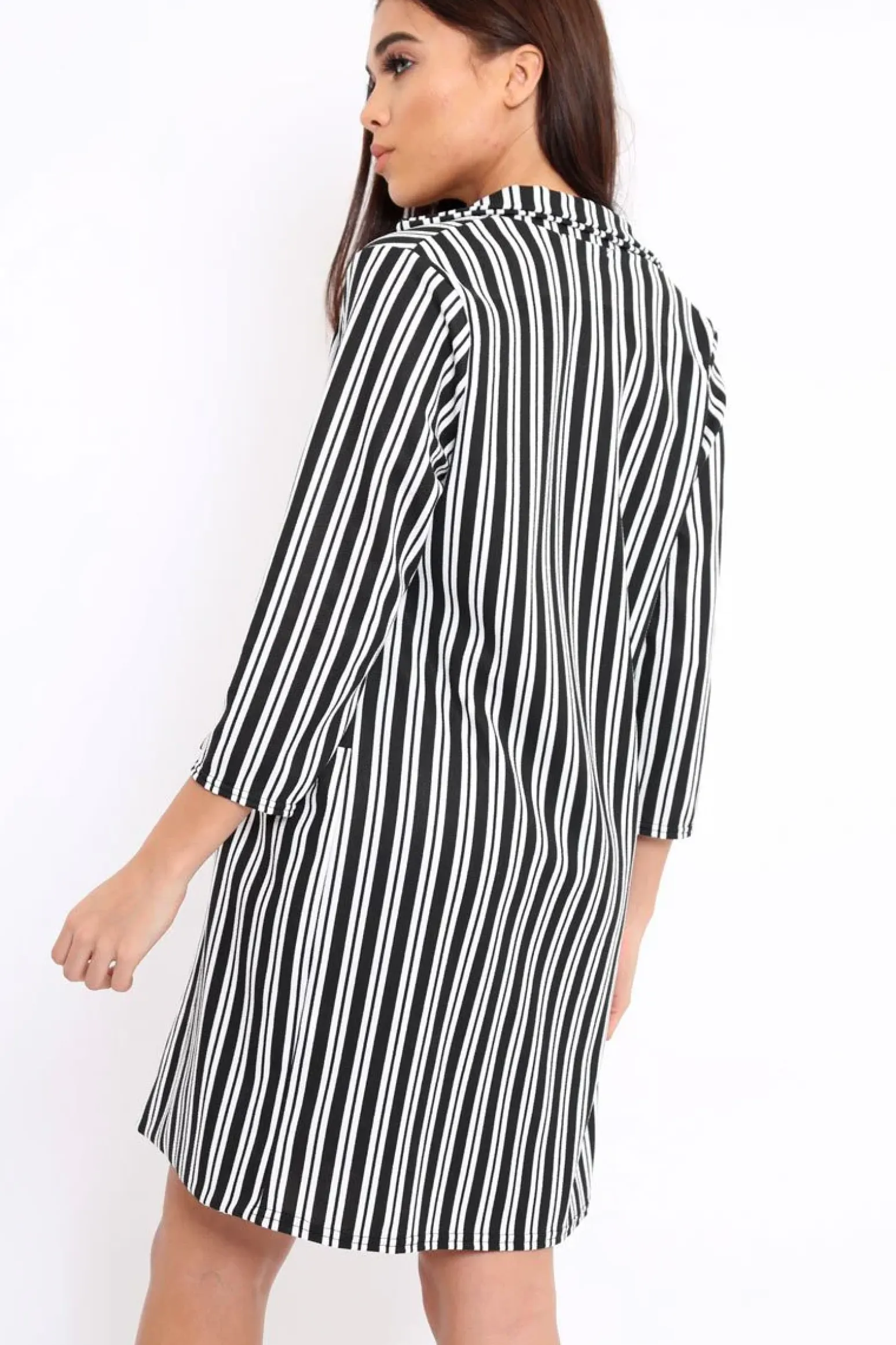 Rebellious Fashion Black And White Stripe Long Blazer - Zunaira
