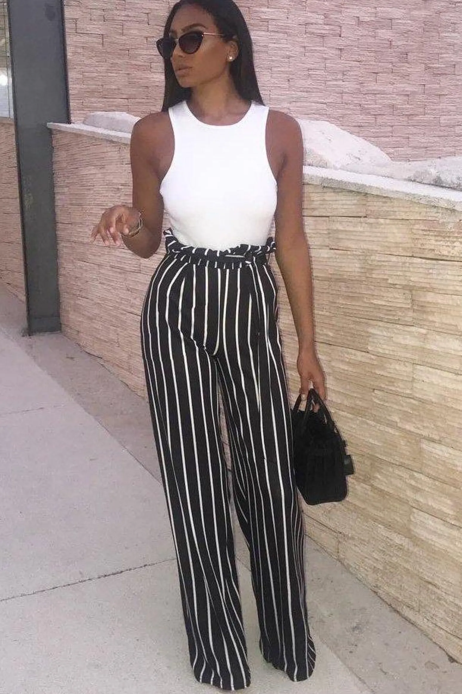 Rebellious Fashion Black and White Stripe Paper Bag Tie Waist Wide Leg Trousers - Kennedy