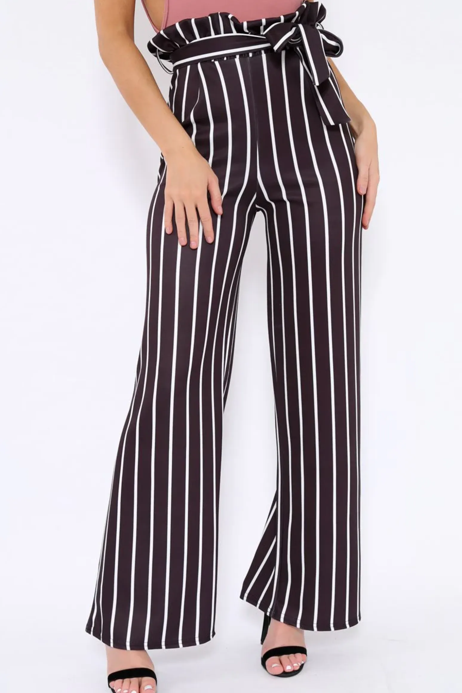 Rebellious Fashion Black and White Stripe Paper Bag Tie Waist Wide Leg Trousers - Kennedy