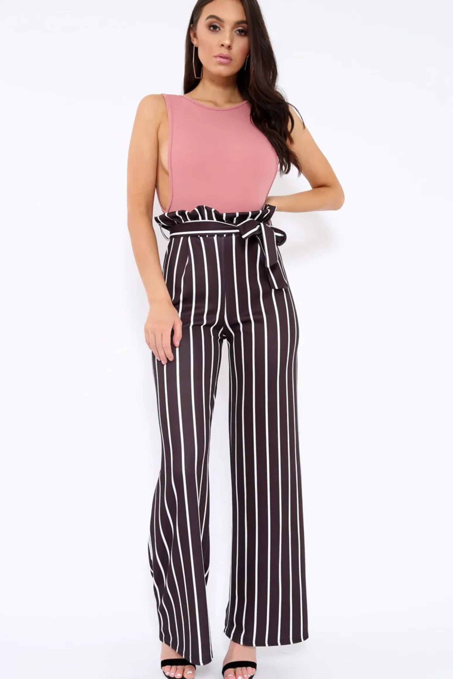 Rebellious Fashion Black and White Stripe Paper Bag Tie Waist Wide Leg Trousers - Kennedy