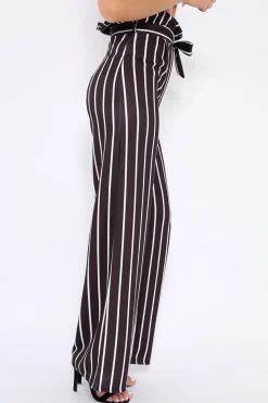 Rebellious Fashion Black and White Stripe Paper Bag Tie Waist Wide Leg Trousers - Kennedy