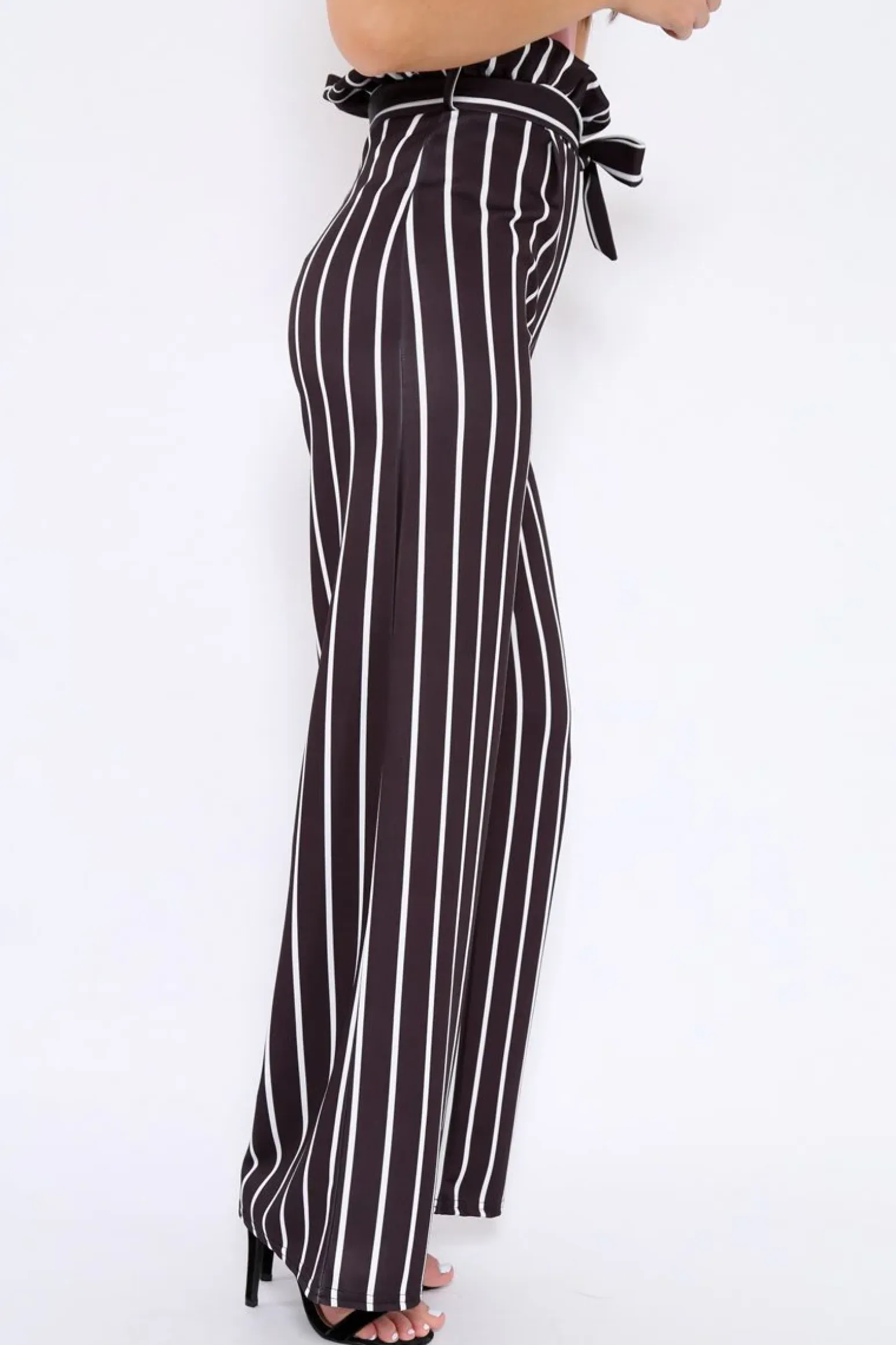 Rebellious Fashion Black and White Stripe Paper Bag Tie Waist Wide Leg Trousers - Kennedy