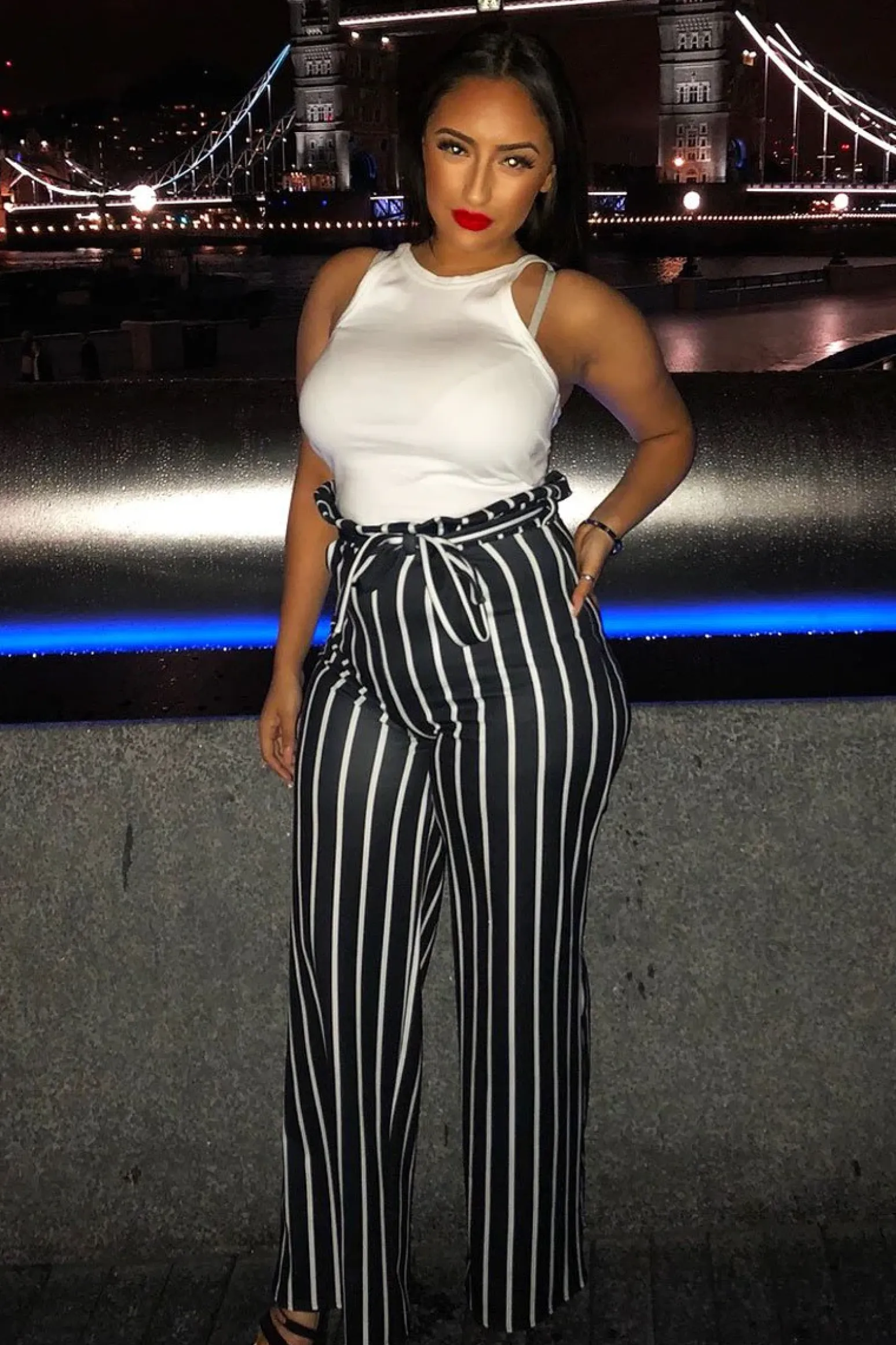 Rebellious Fashion Black and White Stripe Paper Bag Tie Waist Wide Leg Trousers - Kennedy