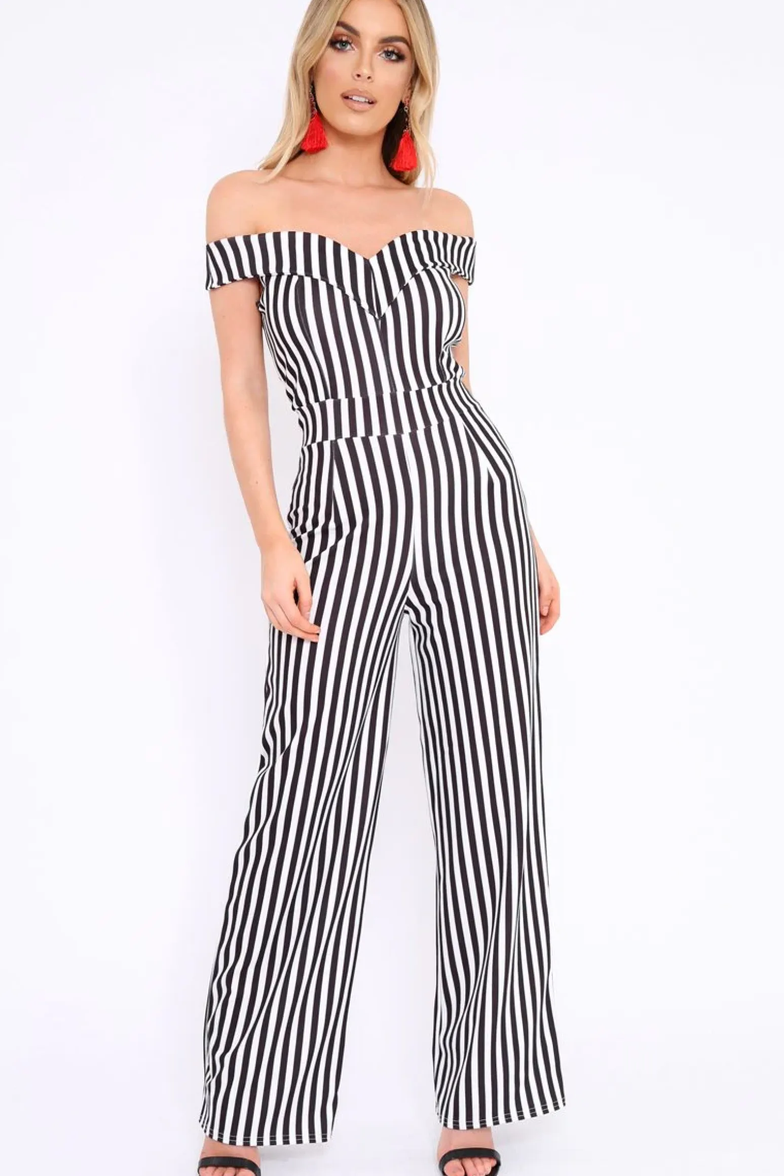 Rebellious Fashion Black and White Stripe V Neck Bardot Jumpsuit - Mallorie