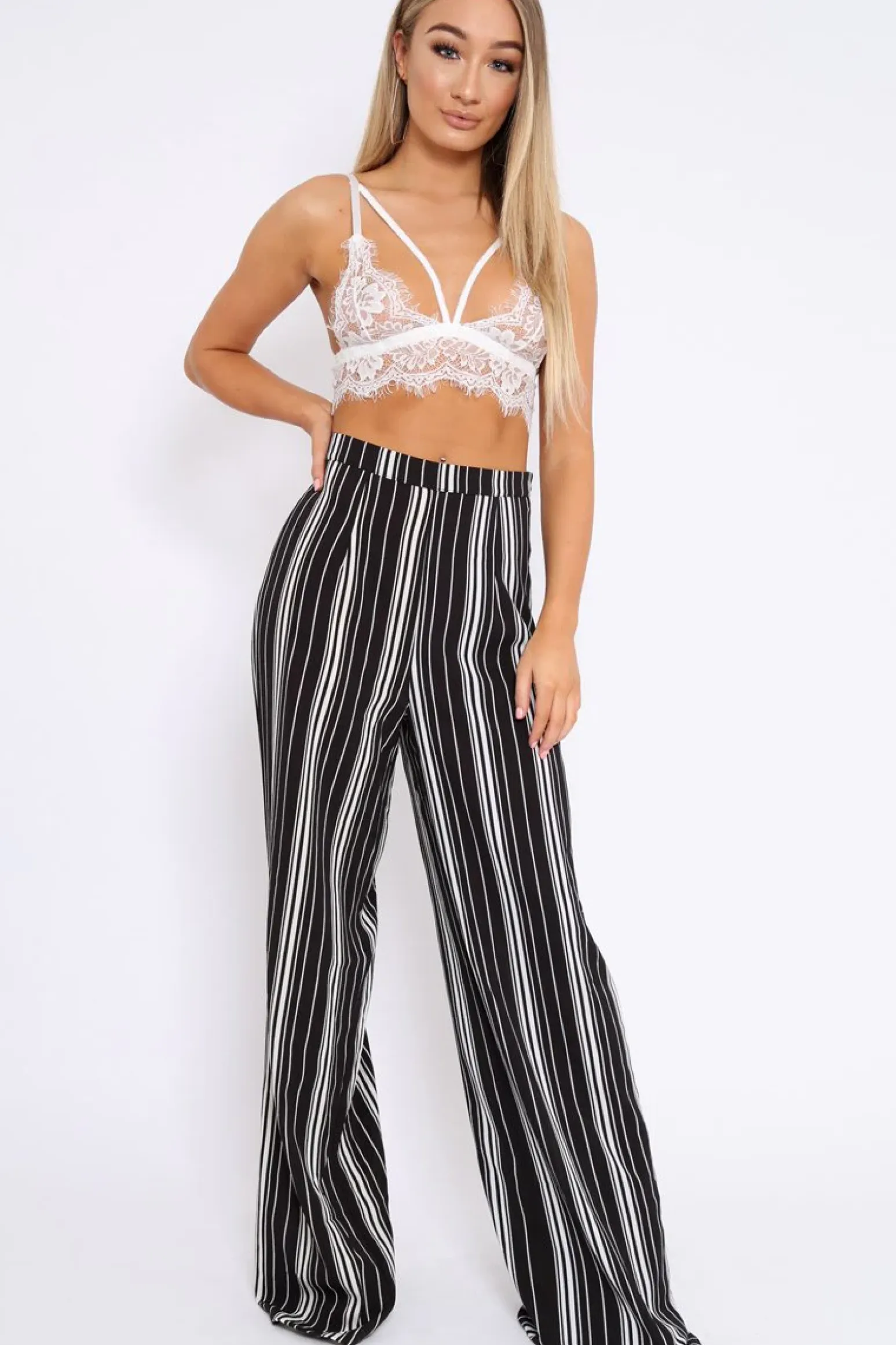 Rebellious Fashion Black and White Stripe Wide Leg Trousers - Krisha
