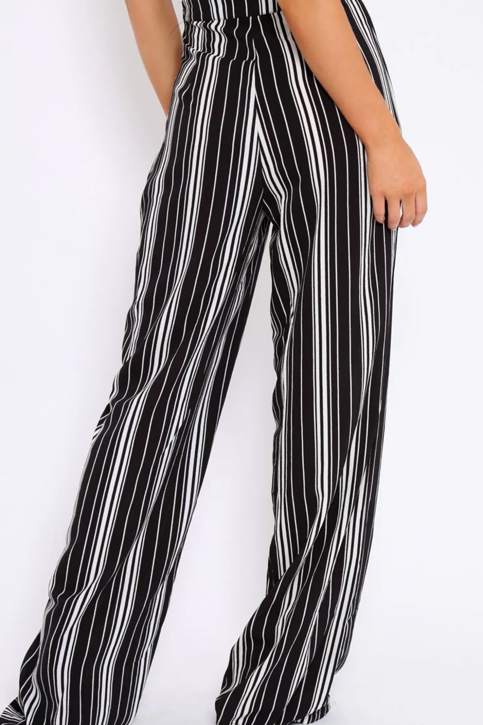 Rebellious Fashion Black and White Stripe Wide Leg Trousers - Krisha