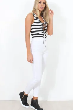 Rebellious Fashion Black and White Stripped Tie Front Bodysuit- Delty