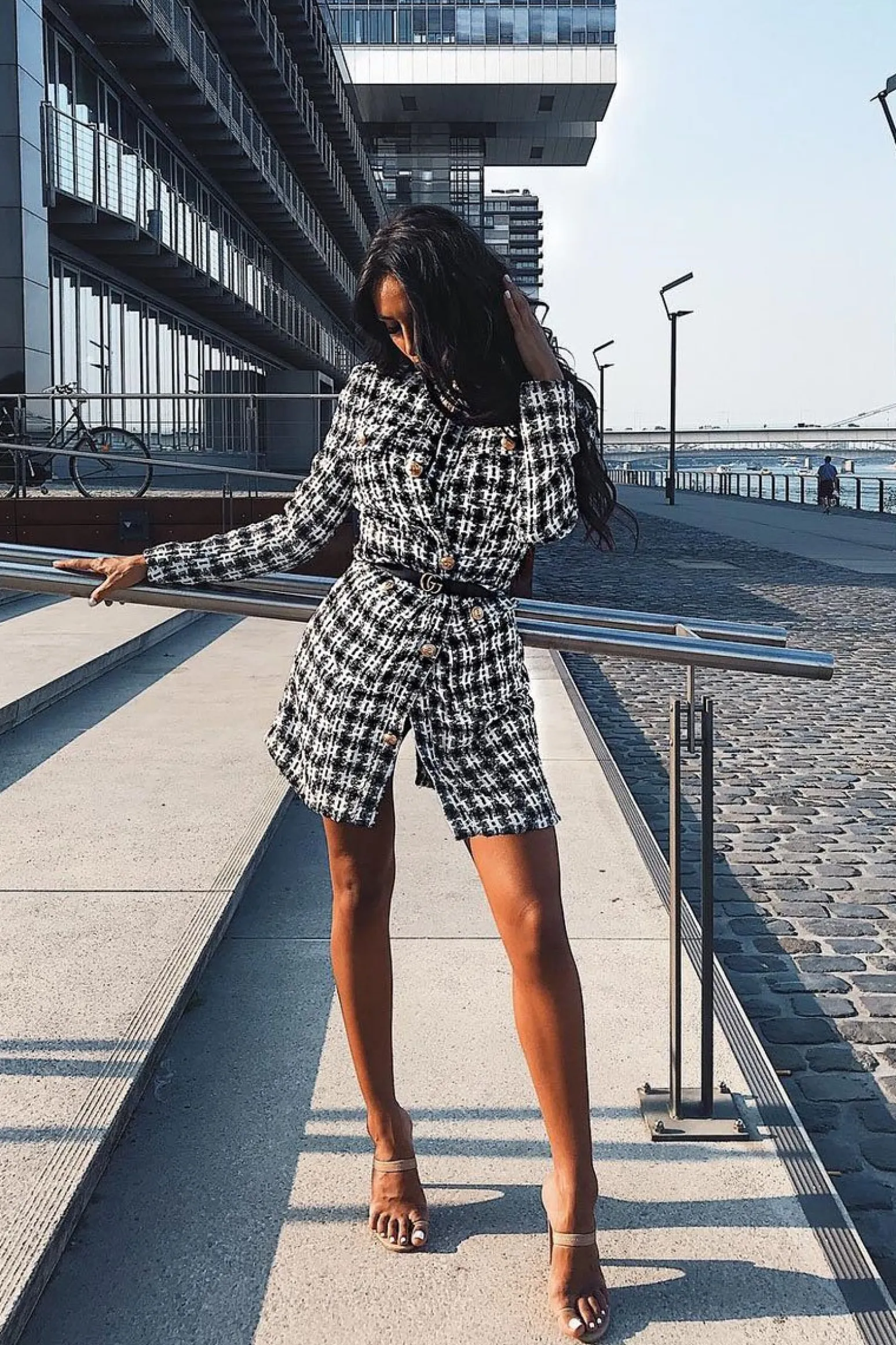 Rebellious Fashion Black And White Tweed Gold Button Longline Jacket - Madalynn