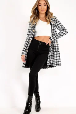 Rebellious Fashion Black And White Tweed Gold Button Longline Jacket - Madalynn