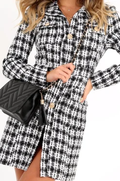 Rebellious Fashion Black And White Tweed Gold Button Longline Jacket - Madalynn