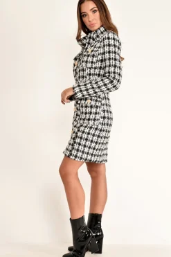 Rebellious Fashion Black And White Tweed Gold Button Longline Jacket - Madalynn