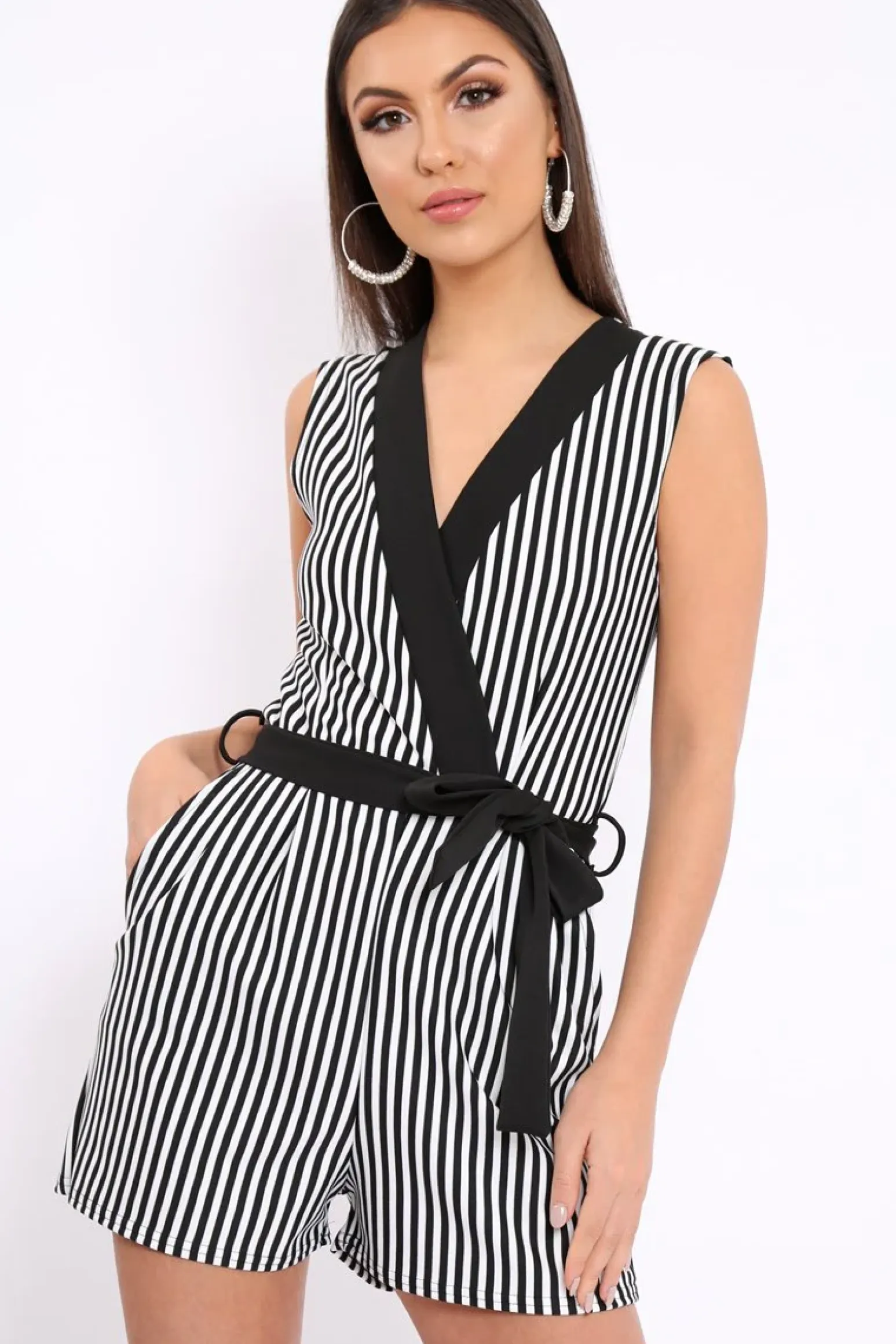 Rebellious Fashion Black and White V-Plunge Striped Playsuit - Kaitlynn