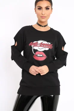Rebellious Fashion Black Anti Social Slogan Jumper - Aaruhi