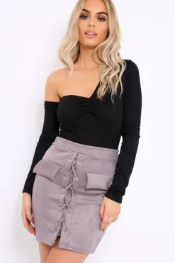 Rebellious Fashion Black Asymmetric Bodysuit - Carlina