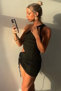 Rebellious Fashion Black Asymmetric Crop Top & Mini Skirt Set - Lacey