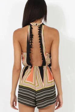 Rebellious Fashion Black Aztec Print Open Back Playsuit - Kenna