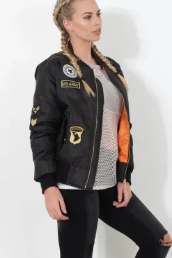 Rebellious Fashion Black Badge Detail Bomber Jacket - Kendall