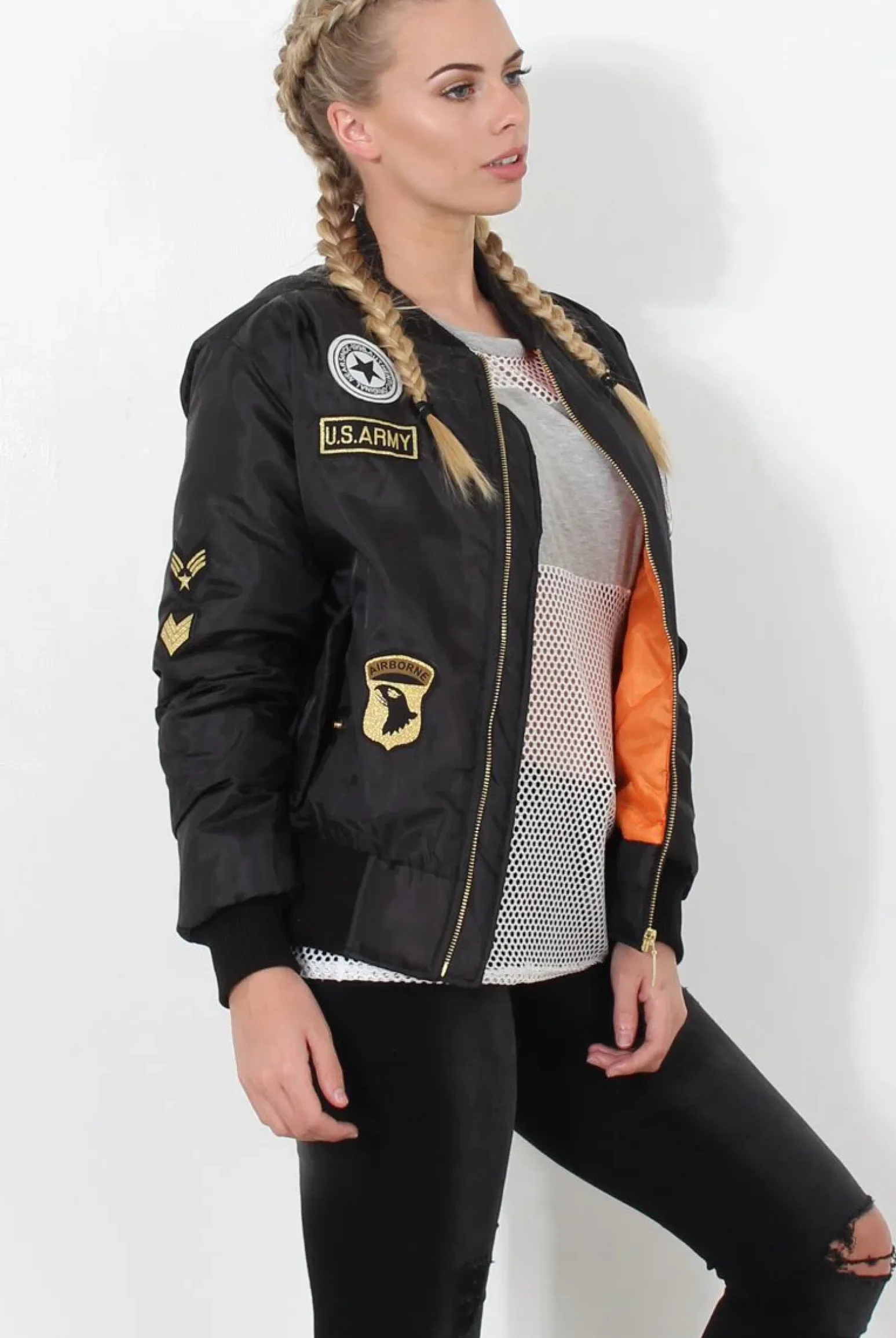 Rebellious Fashion Black Badge Detail Bomber Jacket - Kendall