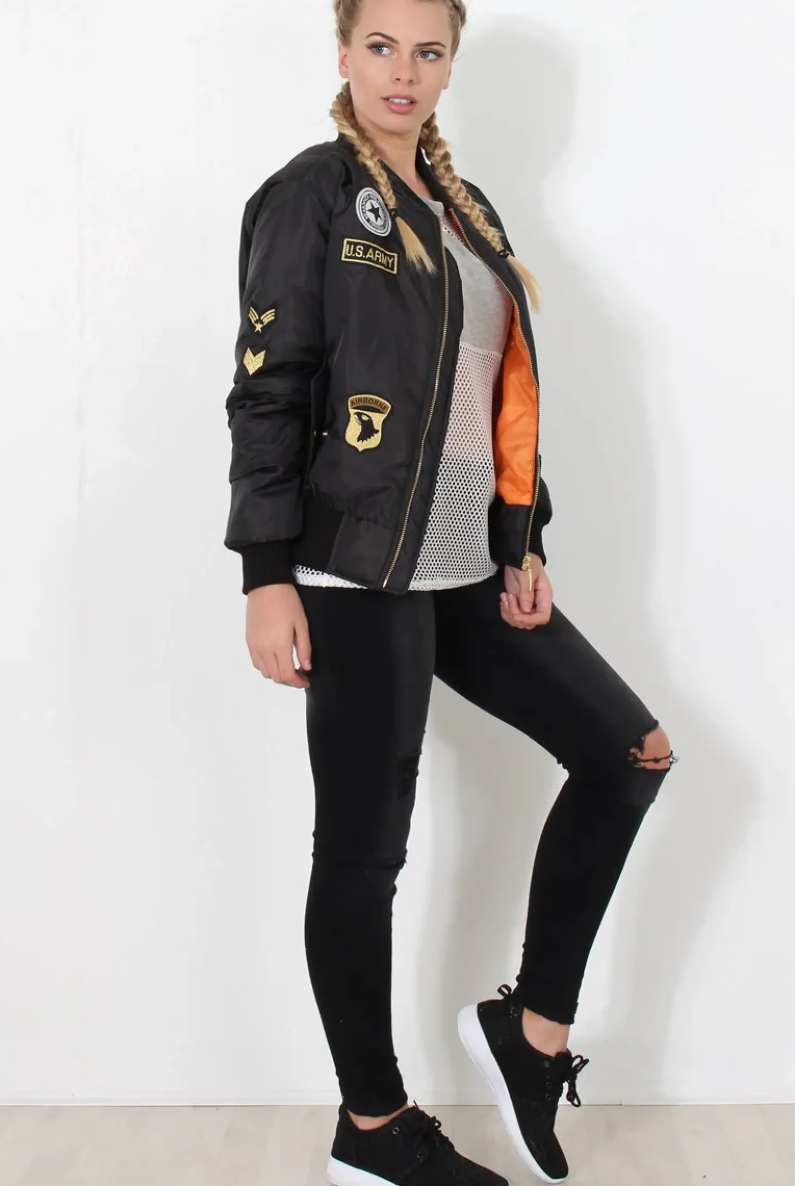 Rebellious Fashion Black Badge Detail Bomber Jacket - Kendall