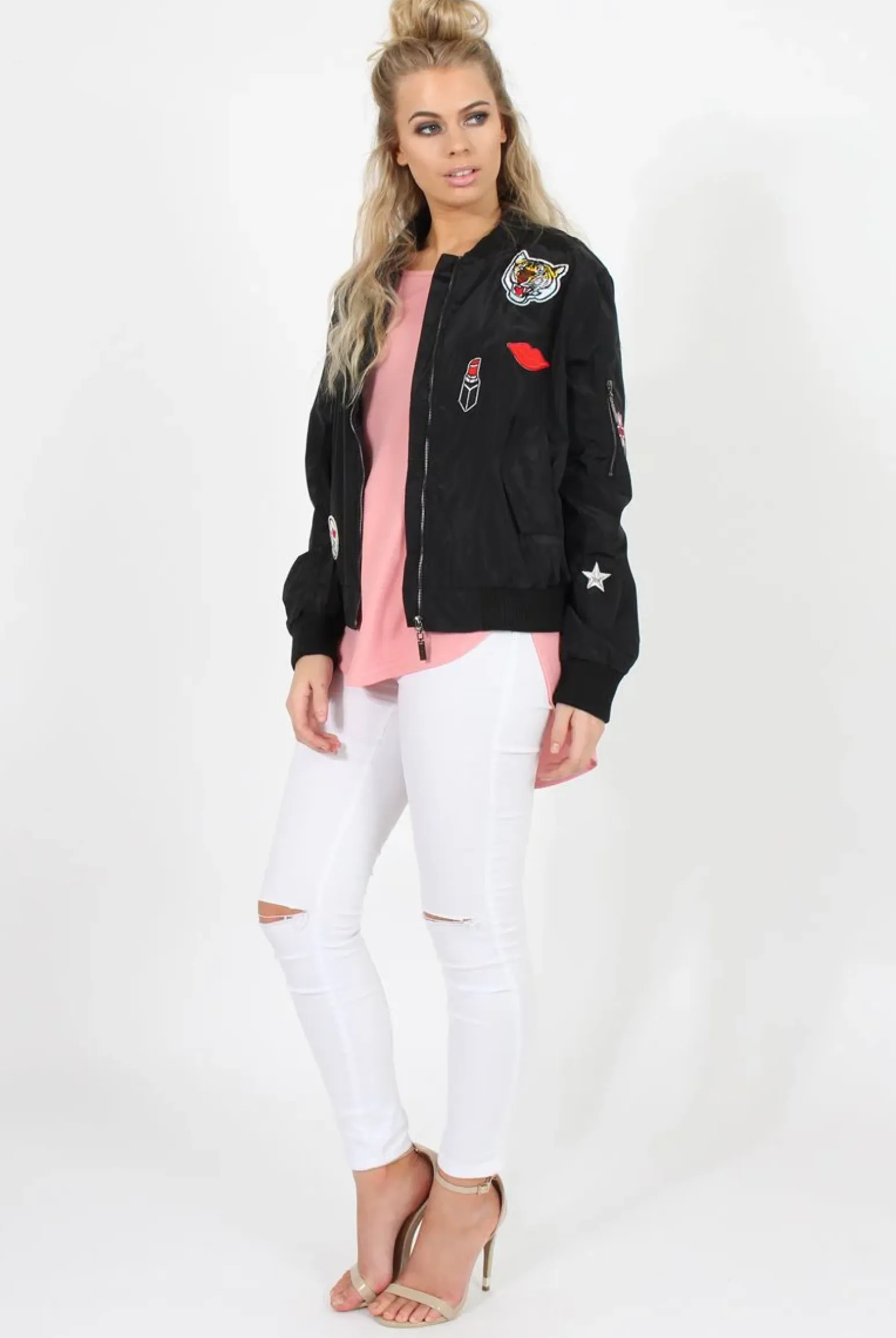 Rebellious Fashion Black Badge Detail Bomber Jacket - Suzy