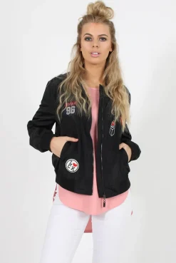 Rebellious Fashion Black Badge Detail Bomber Jacket - Suzy