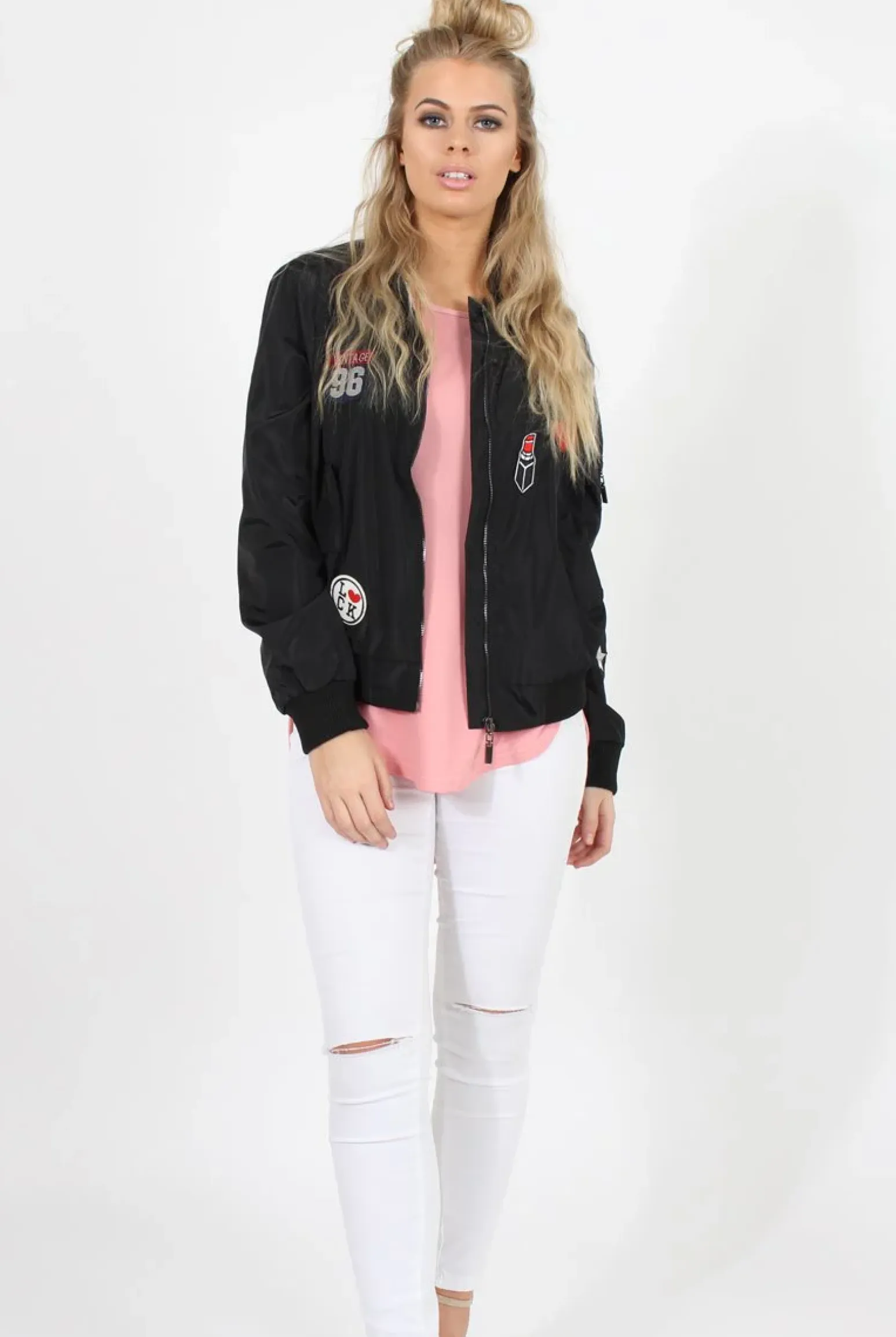 Rebellious Fashion Black Badge Detail Bomber Jacket - Suzy