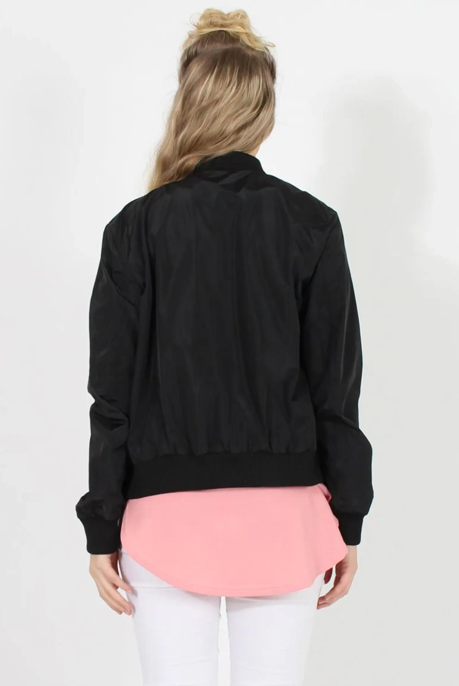 Rebellious Fashion Black Badge Detail Bomber Jacket - Suzy