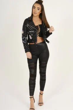 Rebellious Fashion Black Badge Detail Studded Leather Jacket - Leslie