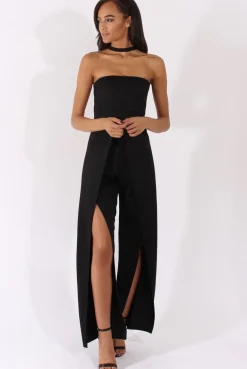 Rebellious Fashion Black Bandeau Choker Split Detail Jumpsuit - Rosy