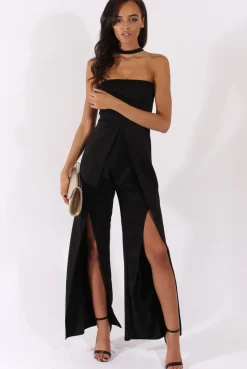 Rebellious Fashion Black Bandeau Choker Split Detail Jumpsuit - Rosy