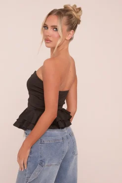 Rebellious Fashion Black Bandeau Lace Up Detail Peplum Top - Kayley
