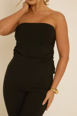 Rebellious Fashion Black Bandeau Top & Kick Flare Trousers Co-ord Set - Rochelle