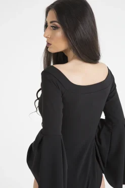 Rebellious Fashion Black Bardot Bell Sleeve Bodysuit - Evelyn