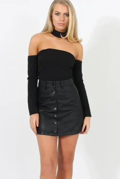 Rebellious Fashion Black Bardot Choker Crop Top - Scarlett