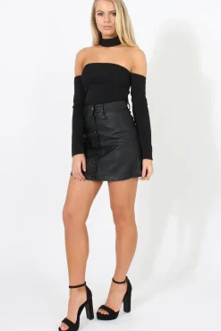 Rebellious Fashion Black Bardot Choker Crop Top - Scarlett