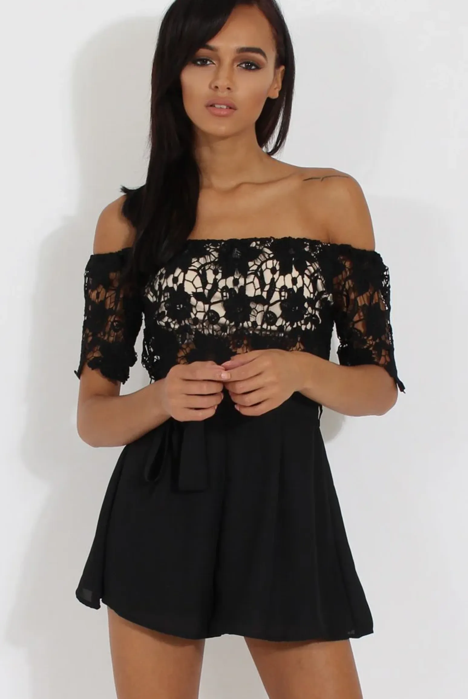 Rebellious Fashion Black Bardot Crochet Playsuit - Wynn