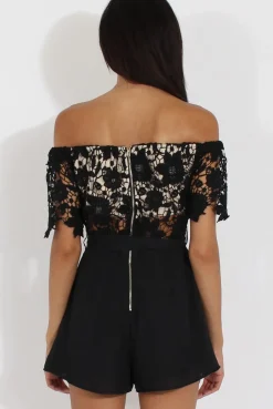 Rebellious Fashion Black Bardot Crochet Playsuit - Wynn
