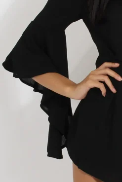 Rebellious Fashion Black Bardot Cropped Bell Sleeve Playsuit - Fabiana
