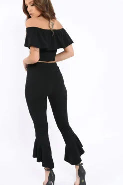 Rebellious Fashion Black Bardot Crop Top And Dip Hem Trousers Co-ord Set - Alexiah