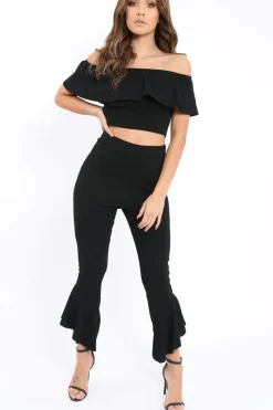 Rebellious Fashion Black Bardot Crop Top And Dip Hem Trousers Co-ord Set - Alexiah