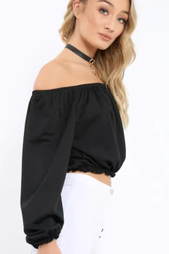 Rebellious Fashion Black Bardot Crop Top - Brooke