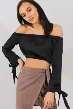 Rebellious Fashion Black Bardot Crop Top - Sasha