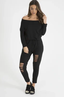 Rebellious Fashion Black Bardot Distressed Jumpsuit - Bethan