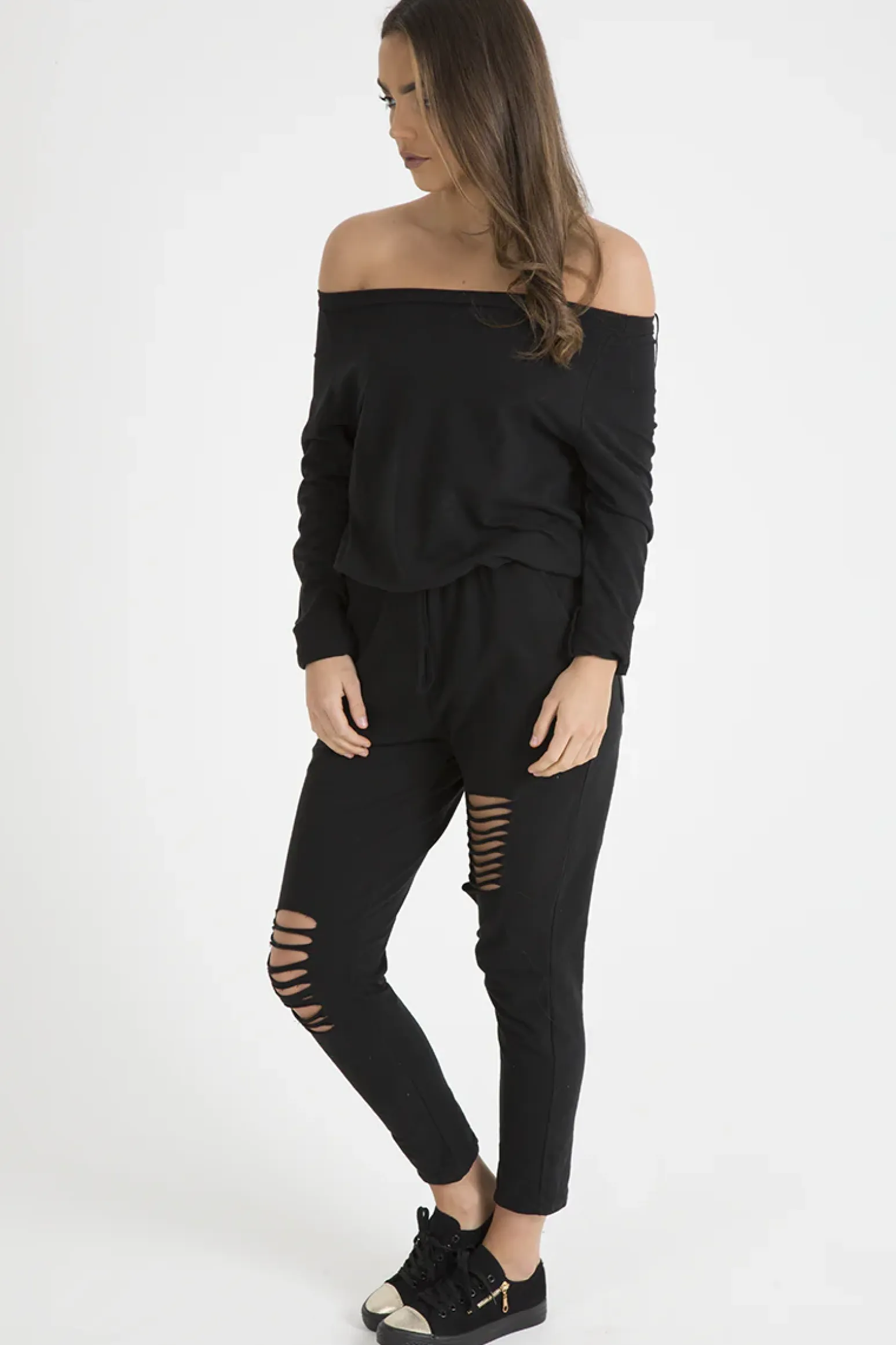 Rebellious Fashion Black Bardot Distressed Jumpsuit - Bethan