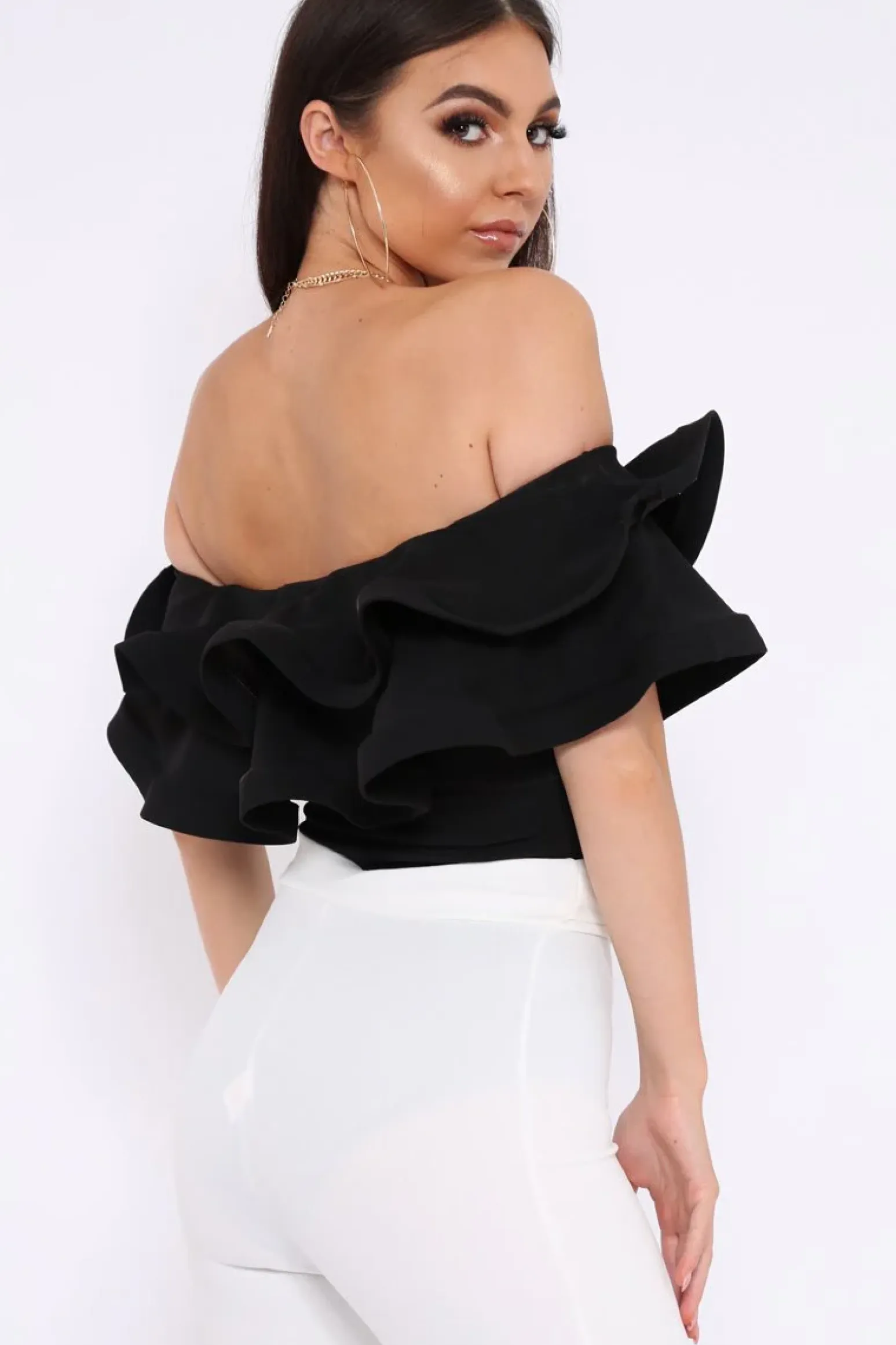 Rebellious Fashion Black Bardot Extreme Frill Bodysuit - Diandra
