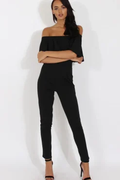Rebellious Fashion Black Bardot Fitted Jumpsuit - Bridget