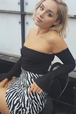 Rebellious Fashion Black Bardot Frill Bell Sleeve Crop Top - Cobie