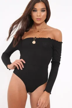 Rebellious Fashion Black bardot frill bodysuit - Kari