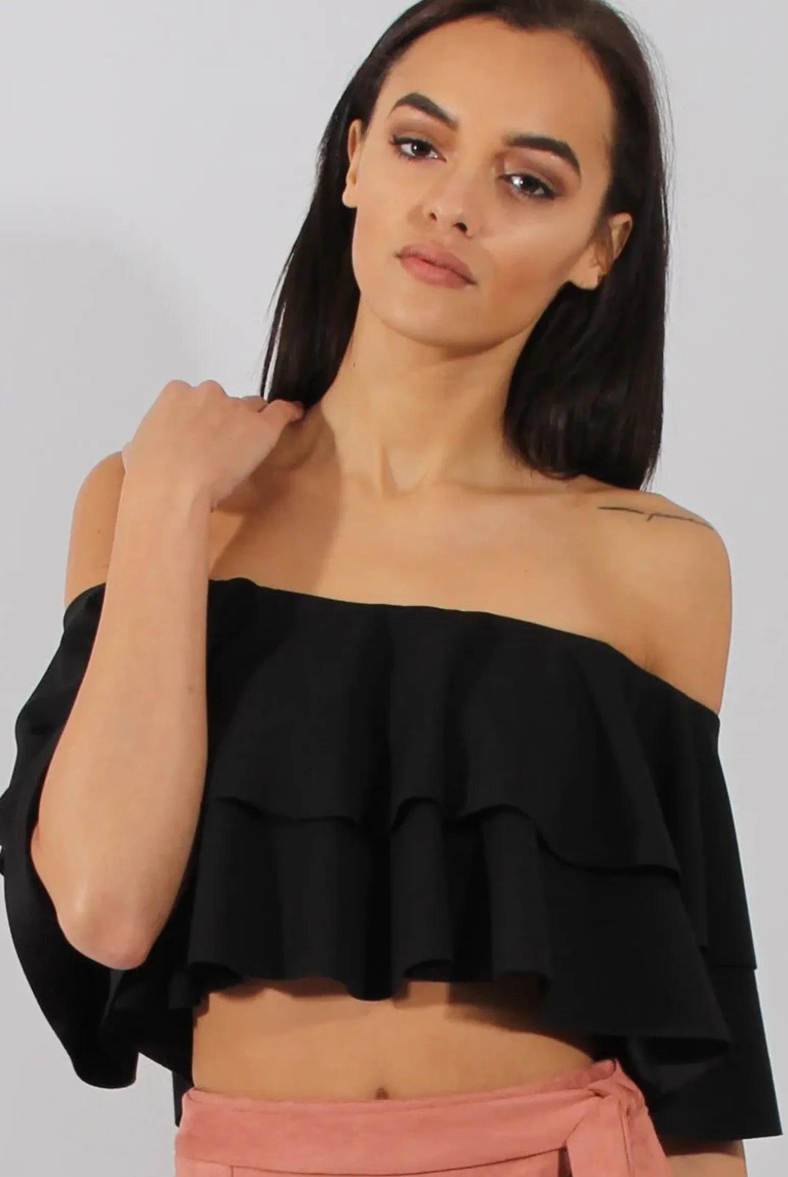 Rebellious Fashion Black Bardot Frill Crop Top - Flissy