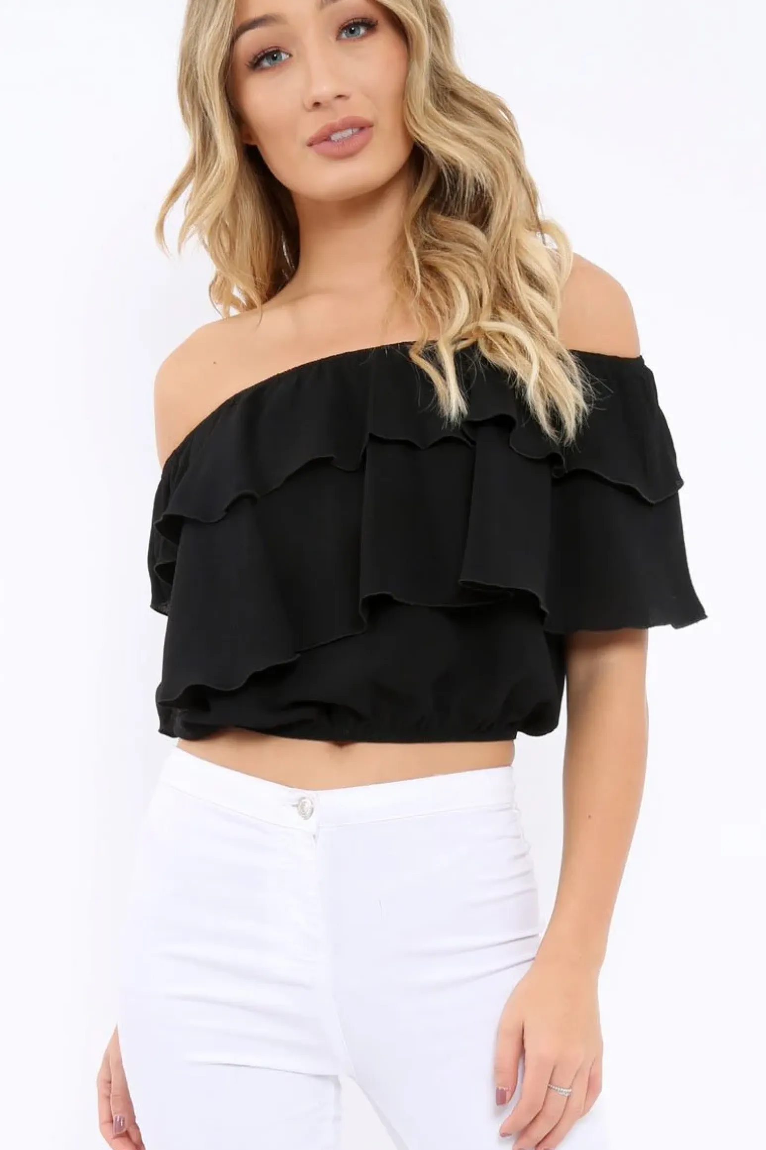 Rebellious Fashion Black Bardot Frill Crop Top - Laila